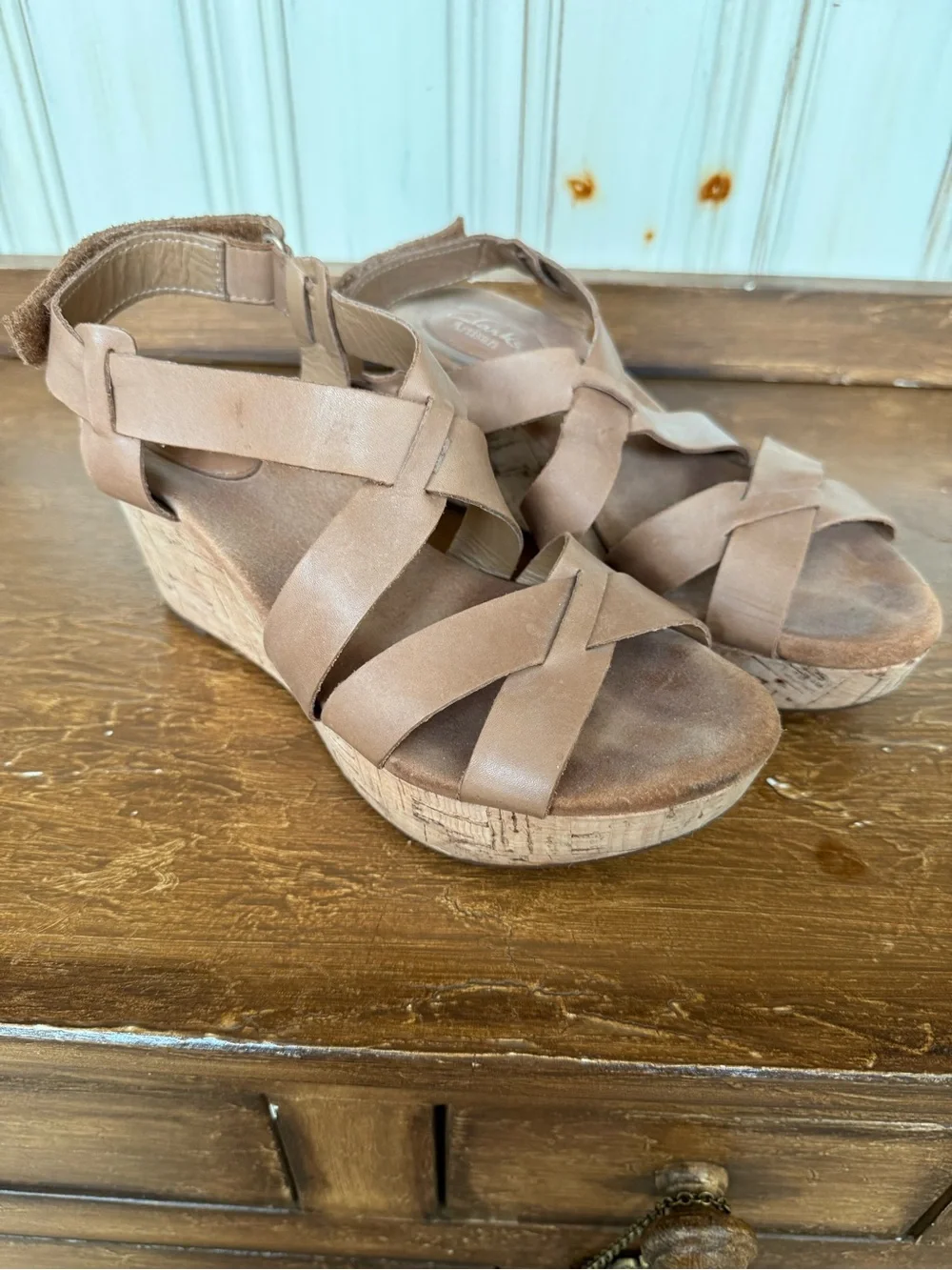 Clark’s Artisan Women's Tan Cork Wedge Sandals - Strappy Comfort size 8